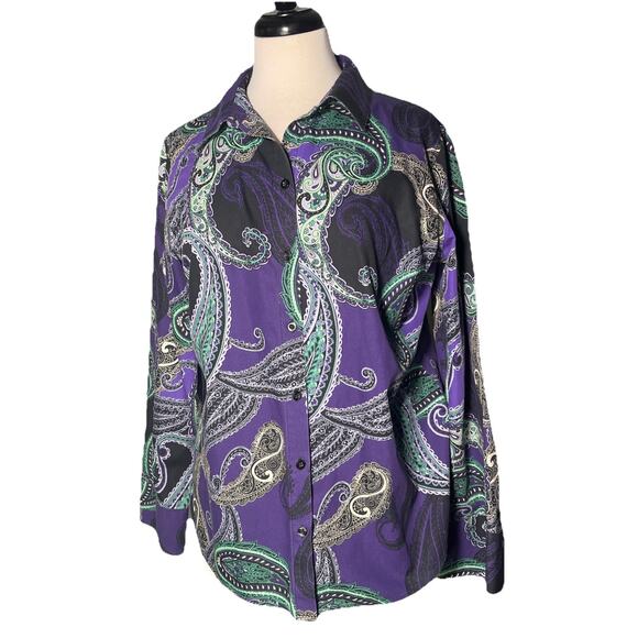 Chico’s Size 2/M No Iron Button Up Shirt Purple and Green Paisley 100% Cotton - Picture 1 of 5
